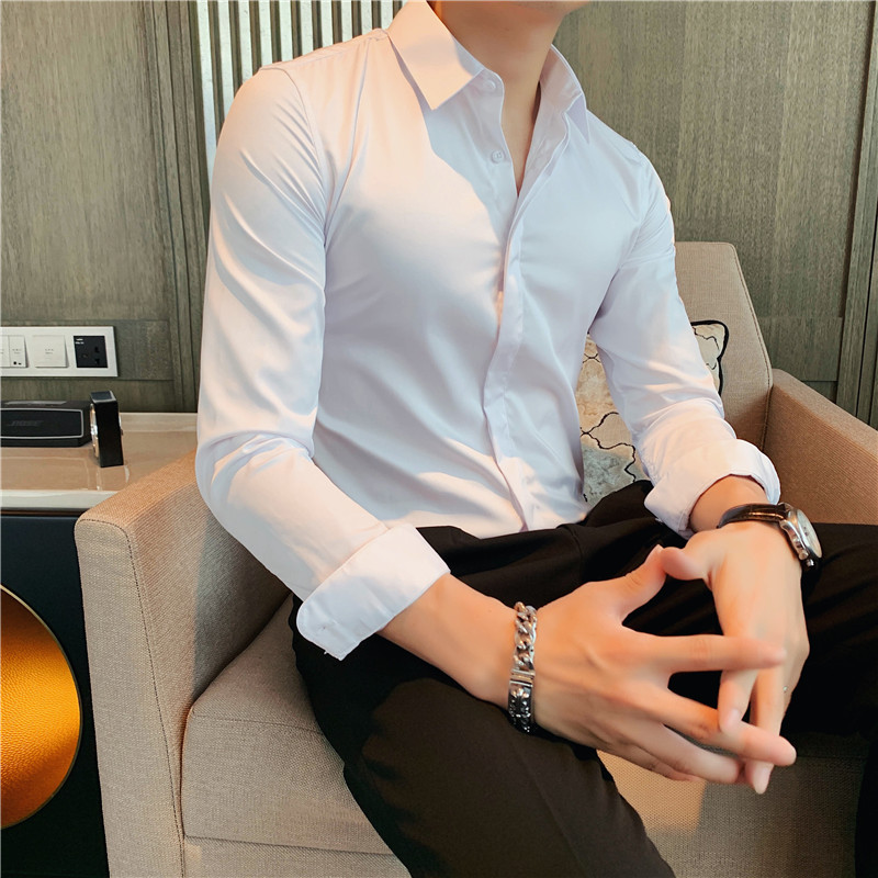 Autumn and winter men's long-sleeved white shirt business solid color shirt trend Korean version of the slim handsome casual men's shirt inch shirt engagement
