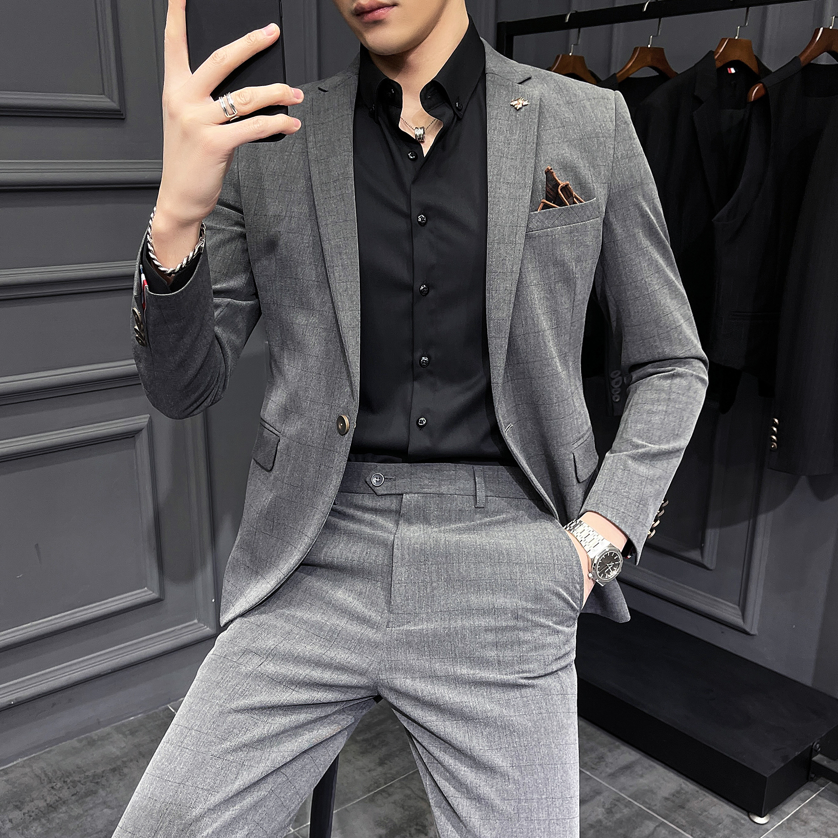 men's suit plaid trendy korean style slim fit handsome bombed street wedding coat casual wedding groom dress