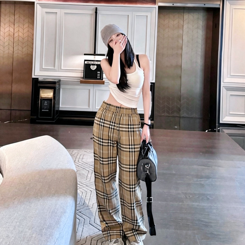 26Ss Loose Slimming Retro Plaid Elastic Waist Wide-Leg Pants for Women with a Relaxed Drape and High Waist Casual Plaid Pants