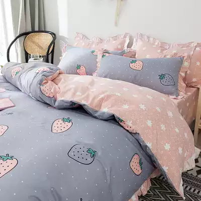 Color Korean version of bed podium quilt cover ins Nordic girl heart sheets Princess wind ruffle bed three or four sets