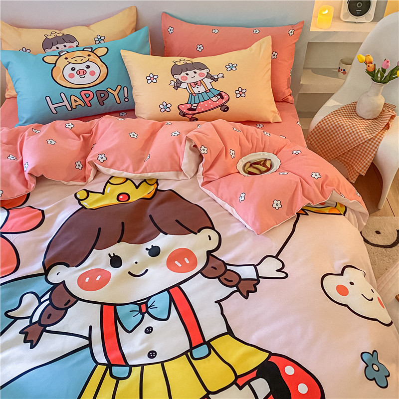 Cartoon sheet Three sets by single single piece Ins Wind Girl Heart Summer Summer Student Dormitory Single Quilt Cover