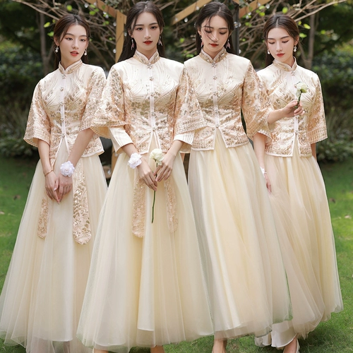 Летнее платье подружки невесты, золотой традиционный свадебный наряд Сюхэ, длинное вечернее платье для невесты, юбка, китайский стиль, по фигуре