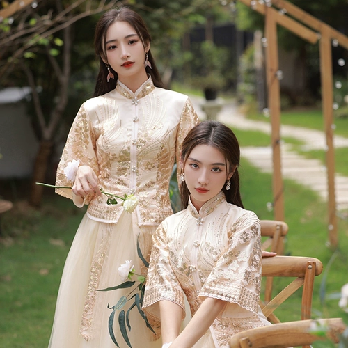 Летнее платье подружки невесты, золотой традиционный свадебный наряд Сюхэ, длинное вечернее платье для невесты, юбка, китайский стиль, по фигуре