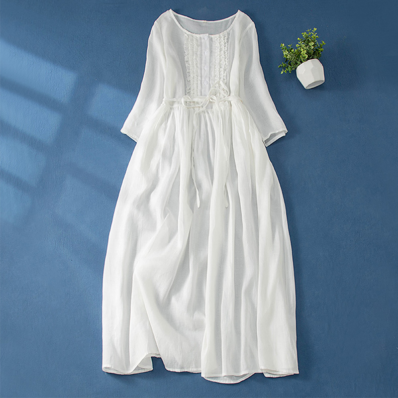 Mall Clearance Sale, Big Brand Discount, Women's Mori-Style Accordion Pleated Ramie Robe, Fairy-Like Tie-Up Short-Sleeved Cotton-Linen Dress