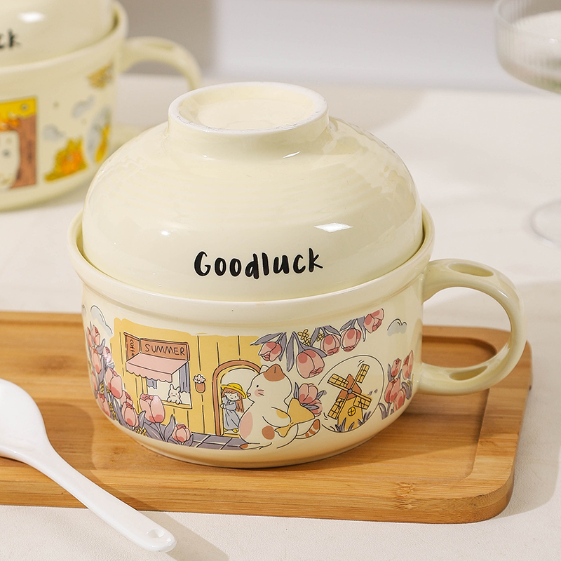 Instant Noodle Bowl with Lid, Large Capacity Ceramic Bowl, Special for Dormitory Students, Rice Bowl with Handle, Microwaveable Bowl Instant Noodle Bowl with Lid, Large Capacity Ceramic Bowl, Special for Dormitory Students, Rice Bowl with Handle, Microwaveable Bowl
