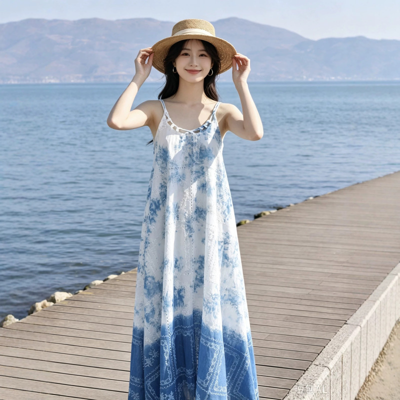 Blue and White Tie-Dye Embroidered Spaghetti Strap Long Dress for Women, Yunnan Ethnic Style Tie-Dye Dress, Vacation Style Beach Long Dress with a Large Hem Blue and White Tie-Dye Embroidered Spaghetti Strap Long Dress for Women, Yunnan Ethnic Style Tie-Dye Dress, Vacation Style Beach Long Dress with a Large Hem