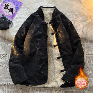 新中式提花复古灯芯绒棉衣男士两面穿唐装外套中国风羊羔绒棉袄冬