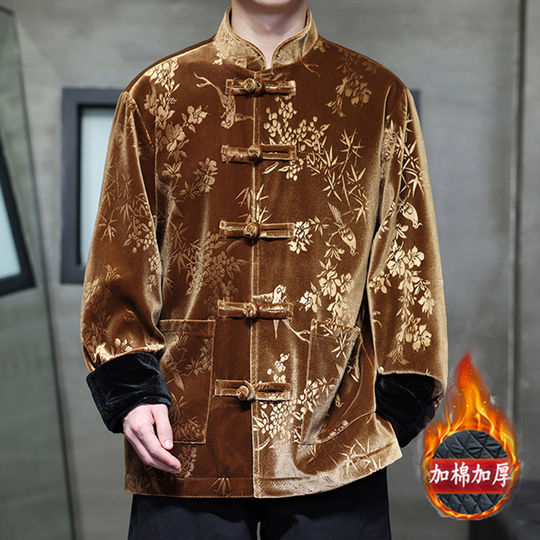 唐装男高级感黑色金丝绒夹克棉衣秋冬季中国风加棉加厚中山装外套