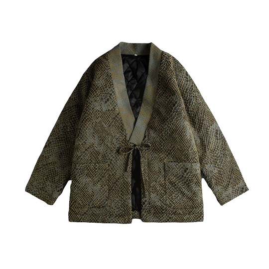 Retro-Python-Muster-Jacquard-Retro-Baumwollmantel für Männer im Winter, neuer chinesischer Stil, chinesischer Stil, Hanfu-Taoist-Robe-Strickjacke und mit Baumwolle verdickte Jacke