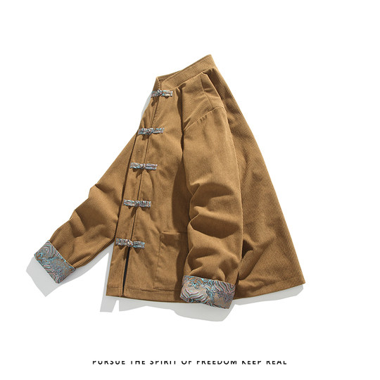 Мужская куртка в китайском стиле с цветными блоками из жаккардового вельвета, новая весенне-осенняя модель в китайском стиле, свободный крой, большой размер, куртка-цзиньшань.