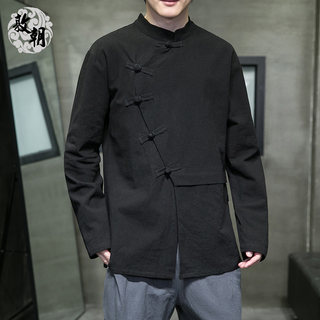 新中式唐装高级感盘扣设计亚麻衬衫男长袖中国风立领复古棉麻衬衣