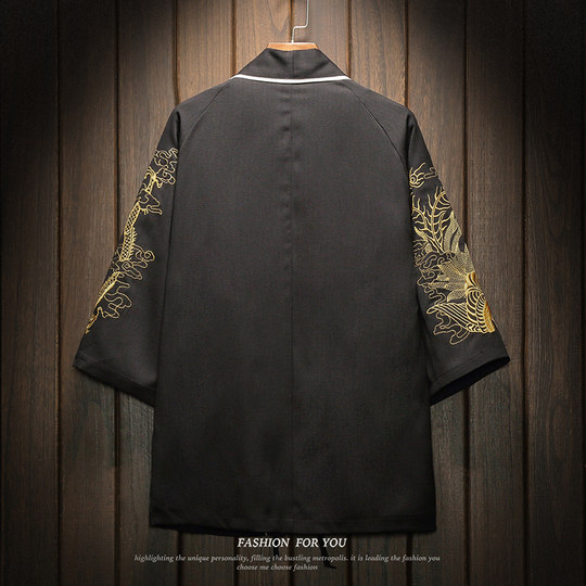 中国风刺绣龙袍开衫冰丝薄外套男夏季七分袖衬衫防晒衣服大码汉服