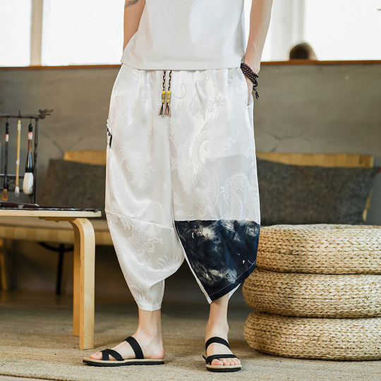 Kurz geschnittene Eisseidenhose für Herren im Sommer, dünne Laternen-Shorts mit weitem Bein, Drachenrobe für Herren im chinesischen Stil, lockere Rettich-Haremshose