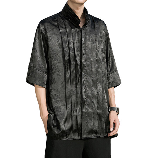 新中式冰丝薄款短袖衬衫男小众设计感衬衣复古提花缎面高级感上衣