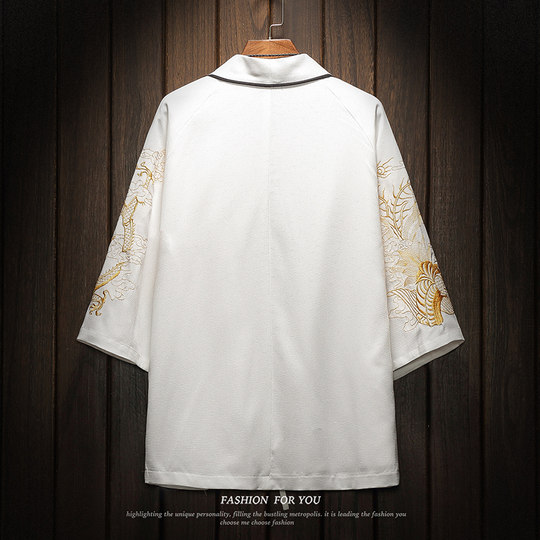 中国风刺绣龙袍开衫冰丝薄外套男夏季七分袖衬衫防晒衣服大码汉服