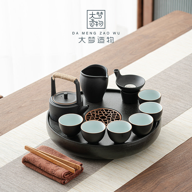 Great Dream Building Modern Black Pottery Cover Bowl Kongfu Tea Furniture Set Group Home Living Room Brief Ceramic Dry Bubble Small Tea Tray