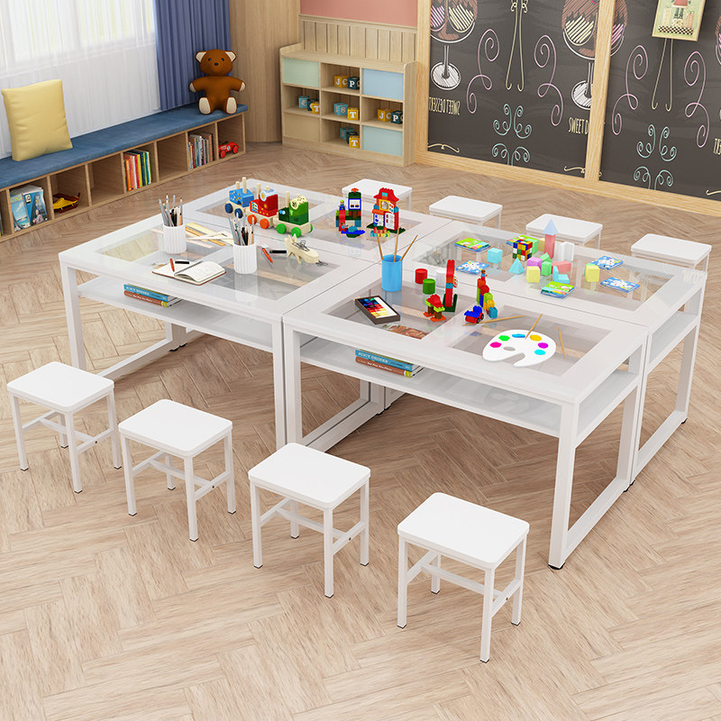 Glass Fine Art Table Painting Desk Nursery School Painting Room Kindergarten Drawing Room Table And Chairs Double Training Table Students Calligraphy Handmade Table