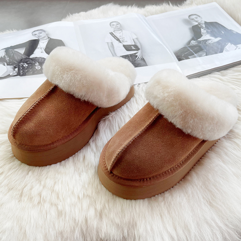 Auggh Overseas Version Wool Half-Toe Furry Slippers for Women, Outdoor Wear, Height-Increasing Thick-Soled Home Cotton Shoes Аuggн