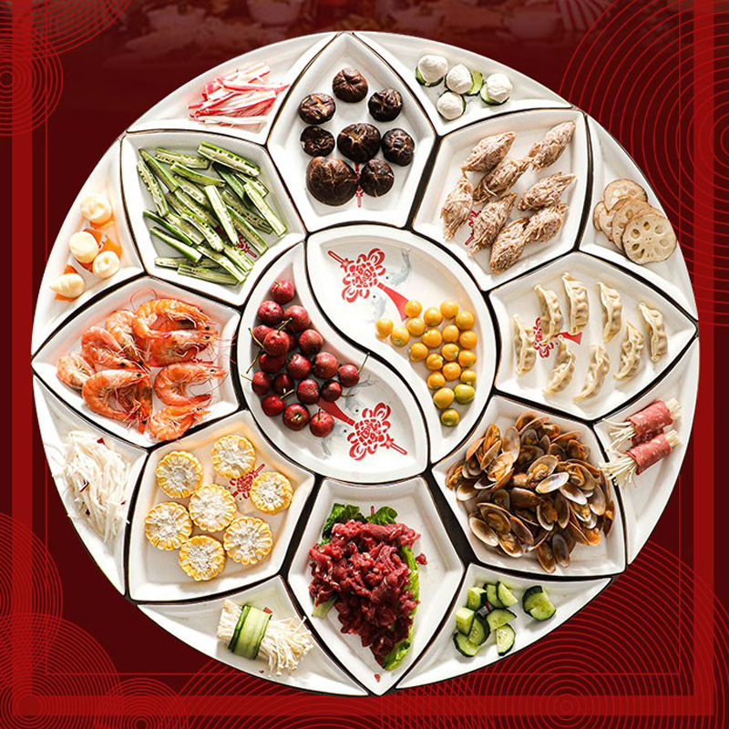 The new net red with the same style Chinese ceramic reunion tableware combination round fan-shaped creative home platter set underglaze