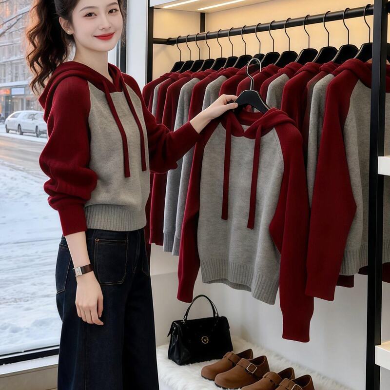 Retro Simple Hooded Knitwear 2026 Autumn and Winter Loose Long-Sleeved Casual Style Knitwear Korean Style Thickeneded Warm Knitwear for Women Retro Simple Hooded Knitwear 2026 Autumn and Winter Loose Long-Sleeved Casual Style Knitwear Korean Style Thickeneded Warm Knitwear for Women