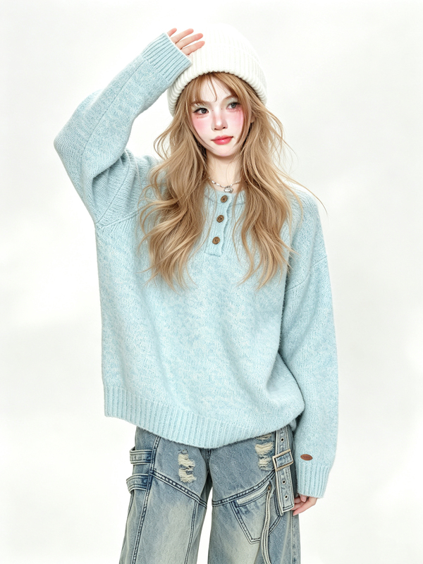 Sky Blue Pullover Soft Sweater for Women 2026 New Autumn and Winter Warm Loose Lazy Style Knit Top