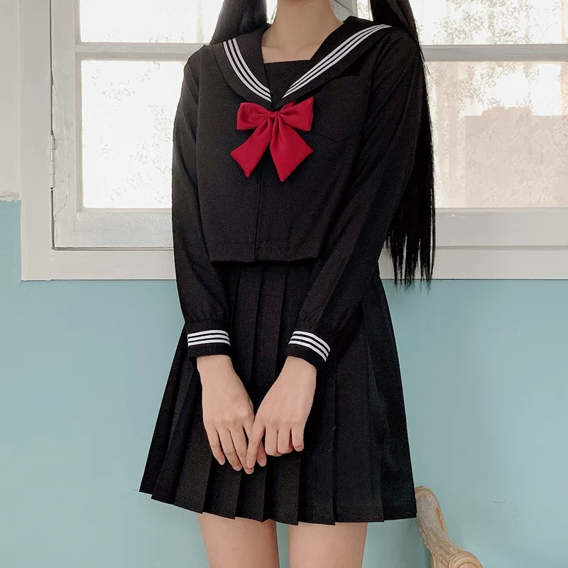 Подлинная базовая школьная pleated юбка, летняя школьная форма для учащихся, черный комплект