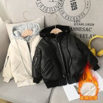 Children plus cotton thickened leather clothes autumn and winter style 2021 new children fake two leather jackets male and female baby coats damp