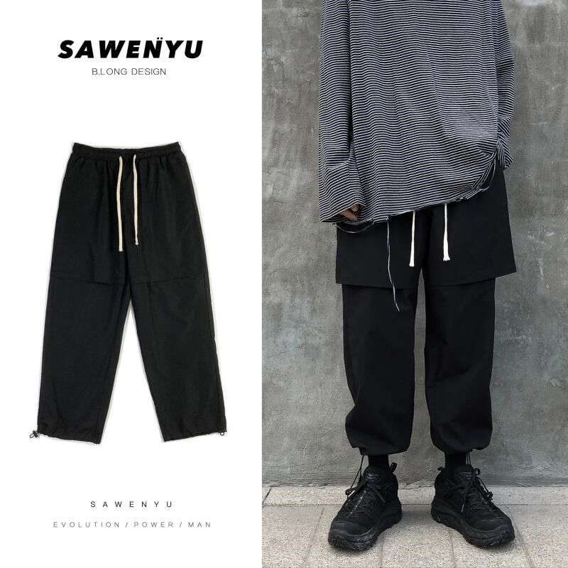 Spring Dark Black Ensemble Loose Work Pants Male Bf Wind Straight Barrel Hallen Pants pair of pants stuffpants student sports pants tide