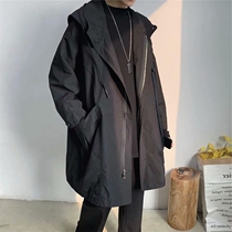 In the spring and autumn season long style wind clothes mens trends Han version loose jacket dark black teas-port wind even cap coat jacket