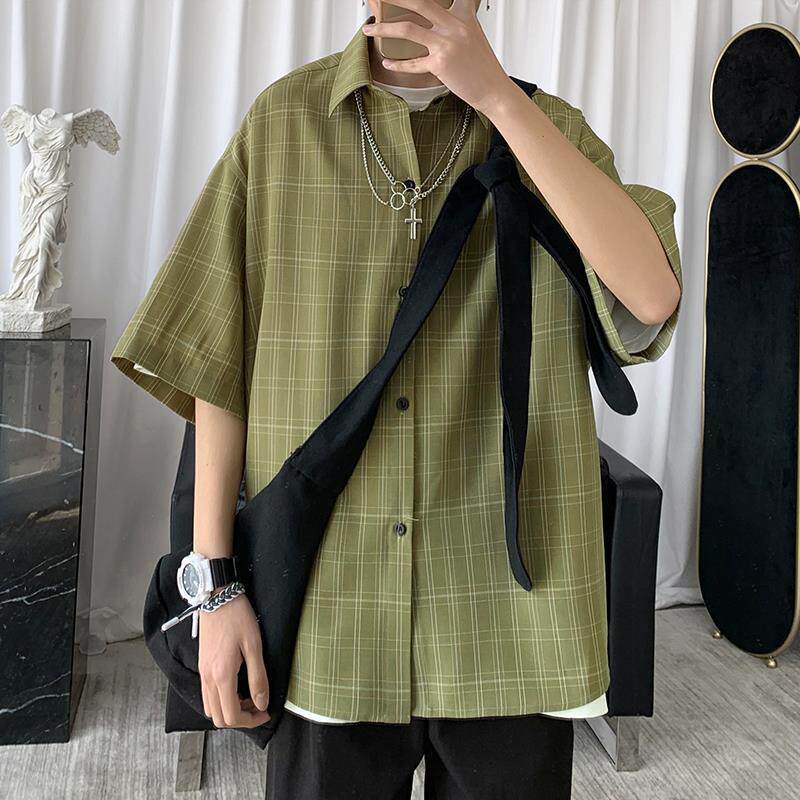 Plaid short sleeve shirt male trend loose 100 lap casual blouse Korean version summer day department half sleeve shirt jacket woman