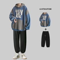 Fall new port Wind leisure suit Mens splicing Lianhood student Shuai Qi Tide Card two sets paired with a set