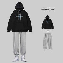 (two sets) Hong Kong craze letters printed with cap and clothing male students loose casual couple sets of hooded sweatshirts