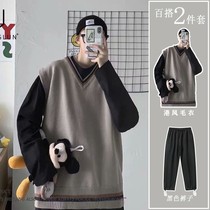 2021 new fall new sweater vest Two sets of male outwear Loose Kan Shoulder Jacket Knitted Waistcoat Jacket