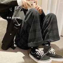 Wide leg gross underpants autumn winter thickened pants male plaid trousers Han version trendy straight cylinder loose casual 100 hitch pants