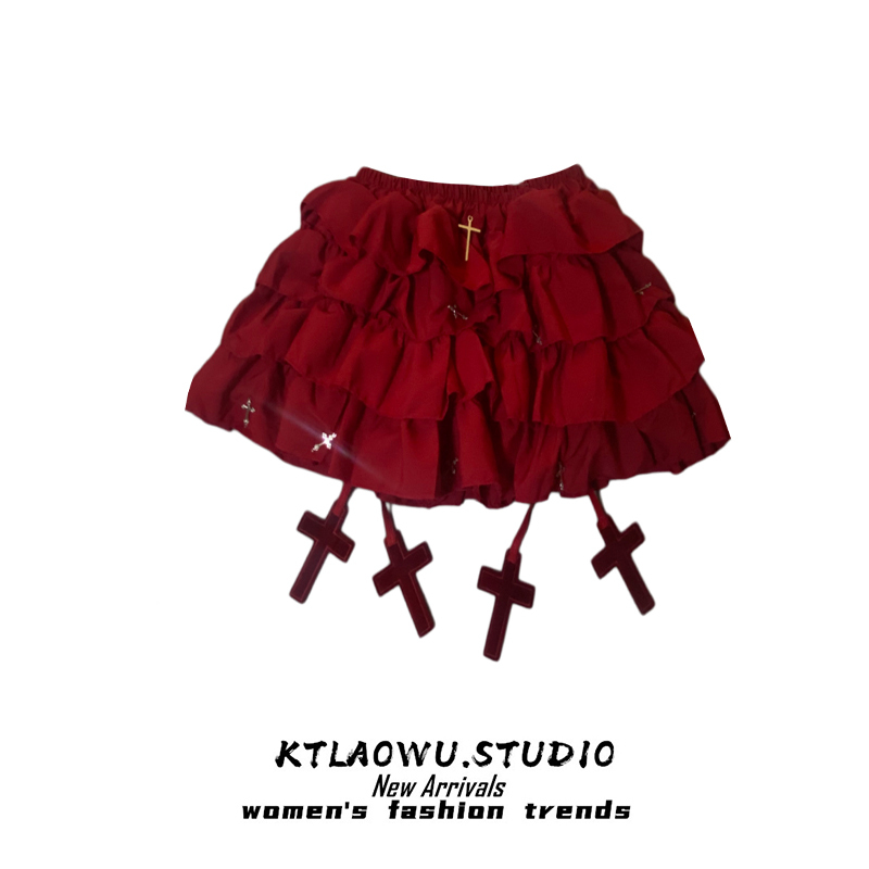 Blood-Stained Cross Burgundy Skirt Spring and Summer New Gothic Style Yabi Cake Tutu Skirt Pants Bubble Short Skirt