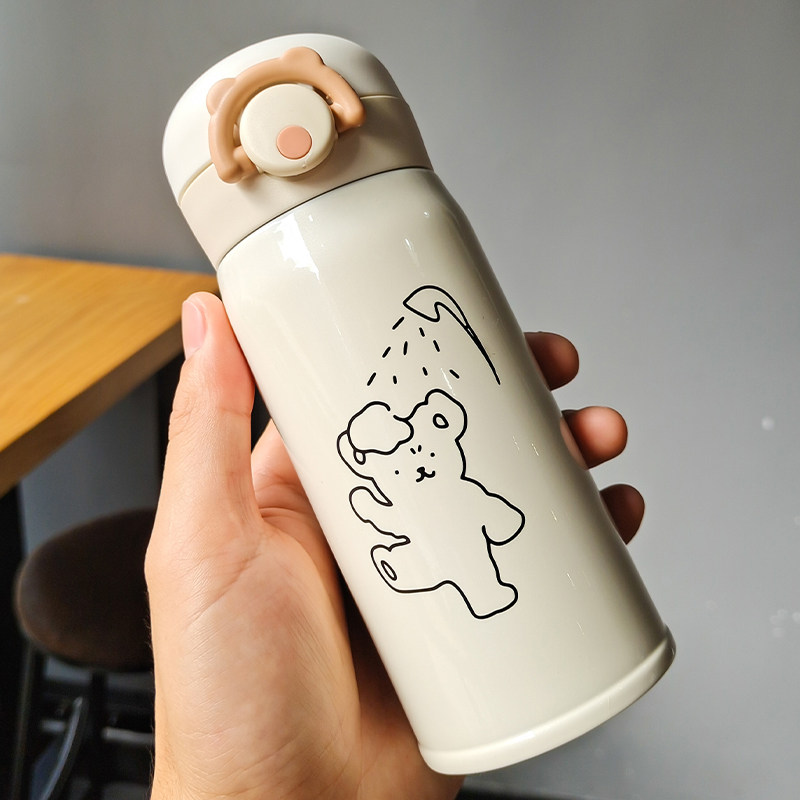 Bear bath bounce lid thermos cup female ins Harajuku wind student cute water cup simple small portable cup