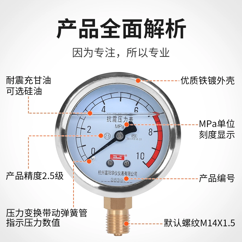 Fuyang Huayi địa chấn máy đo áp suất YN60 xuyên tâm máy đo áp suất nước máy đo thủy lực máy đo áp suất dầu địa chấn 1.6/25MPA2 điểm