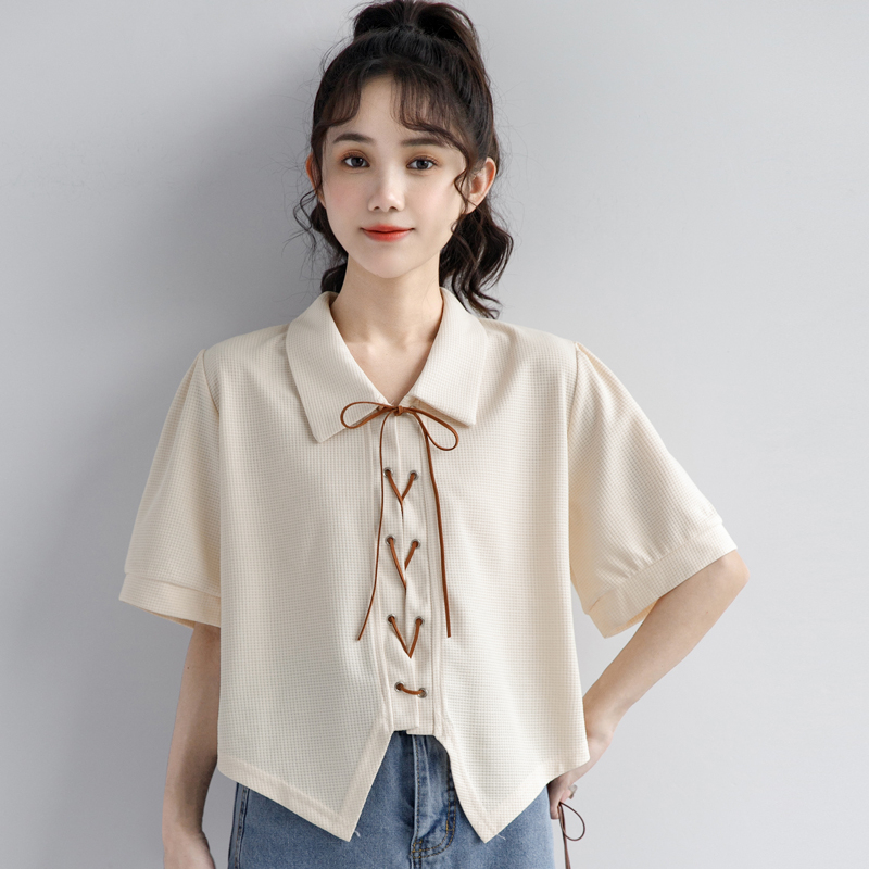 Plus-Size Short-Sleeve Shirt for Women with a Stylish Tie Design, New Summer Waffle-Pattern Polo Collar, Short Style, Age-Reducing Student Top