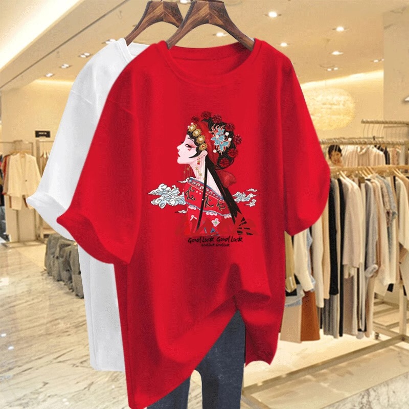 Extra Large Size 150kg Plus-Size Chinese Style Peking Opera Face Print Pure Cotton Short-Sleeve T-Shirt for Women, Loose Fit, Tummy-Covering Base Shirt Extra Large Size 150kg Plus-Size Chinese Style Peking Opera Face Print Pure Cotton Short-Sleeve T-Shirt for Women, Loose Fit, Tummy-Covering Base Shirt