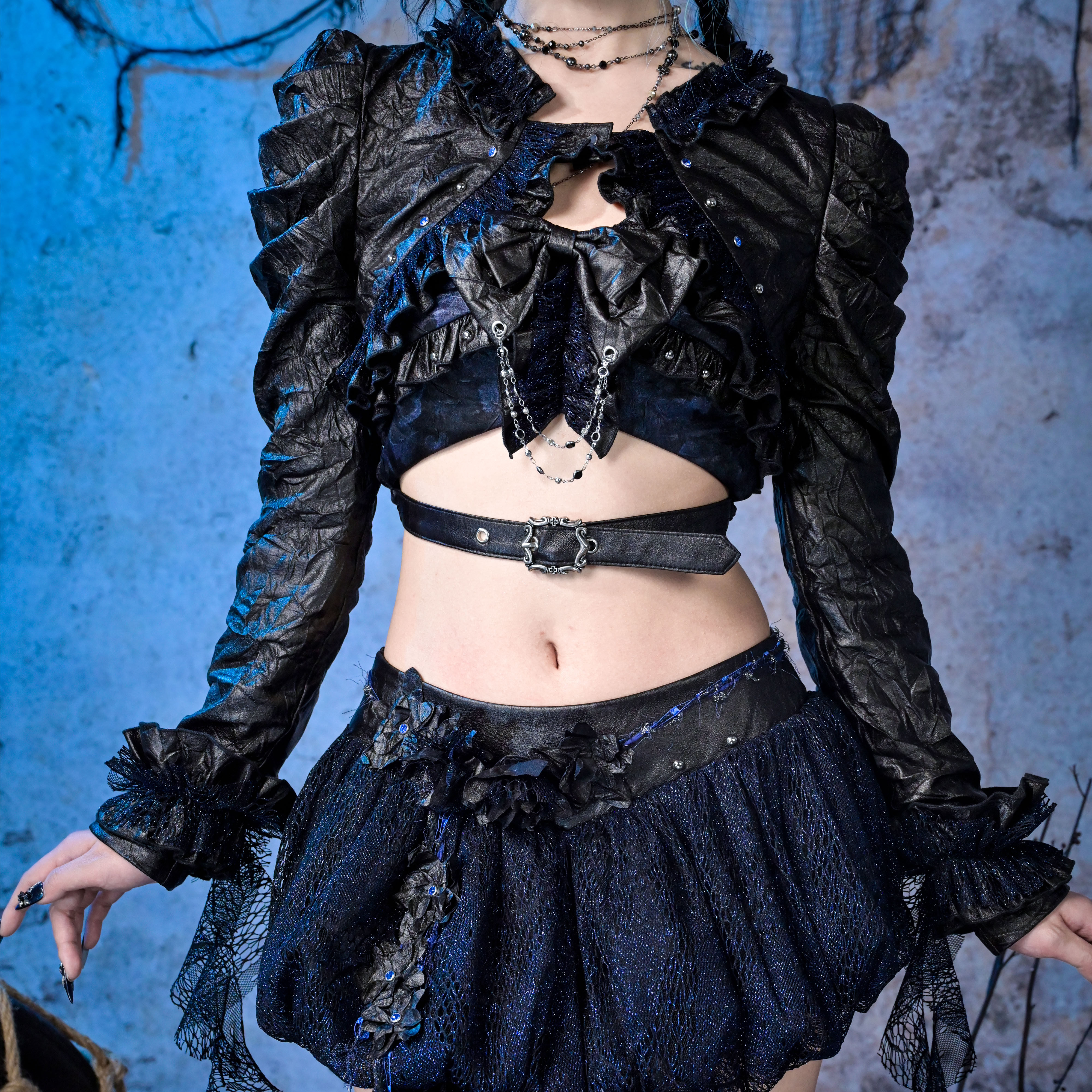 Virtual Track Original Farewell Overture y3k Hot Girl Glam Rock Style Girl Flashy Pleated PU Leather Short Jacket Vest