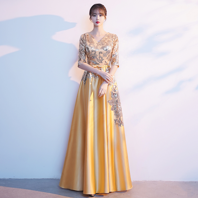 Golden Choir Performance Dress, Long Skirt, Poetry Recitation, Red Song Competition Costume, Host Evening Dress, Women's High-End Style