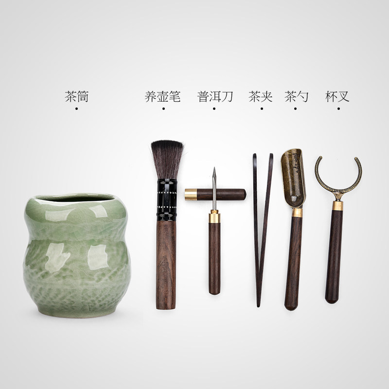 Tang Qian Ebony solid wood Tea Ceremony Six gentlemen set Kung Fu tea accessories Zero matching cup fork raising pot Pen tea clip Tea knife