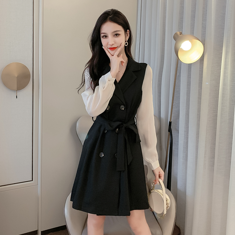 2021 spring new waist slim light mature wind temperament double-breasted strap long sleeve black suit dress women