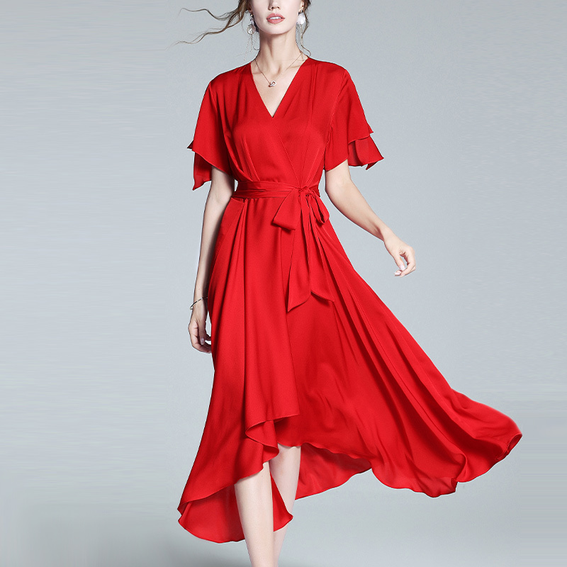 Red Silk Dress Summer 2026 New Style Waist-Cinching Slim Fit V-Neck Elegant Dress High-End Mulberry Silk Formal Dress