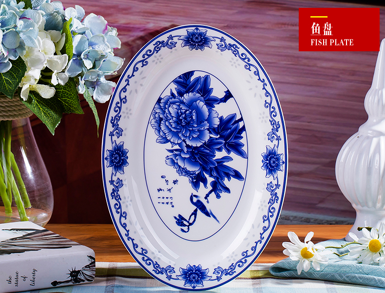 Jingdezhen blue and white porcelain tableware suit 58 skull bowls disc ceramic dishes suit household of Chinese style of high - grade housewarming