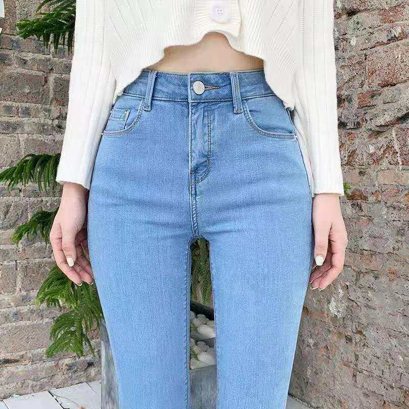 High waist jeans Women 2021 New light blue Swarm light summertime slim fit slim fit slim fit narrow tube pants summer