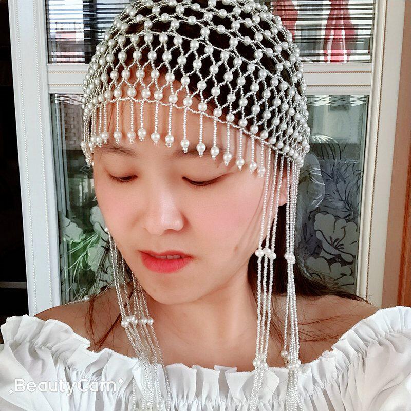 Mesh Hollowed-out Pearl Hat Beauty Pure Handmade Lace Temperament Shooting Pearl Streaming Suhat Bridal Stage Performance Headwear