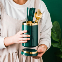Nordic ceramic chopsticks tube household chopsticks cage double drain fork spoon storage rack light luxury gold edge chopsticks basket anti-mold
