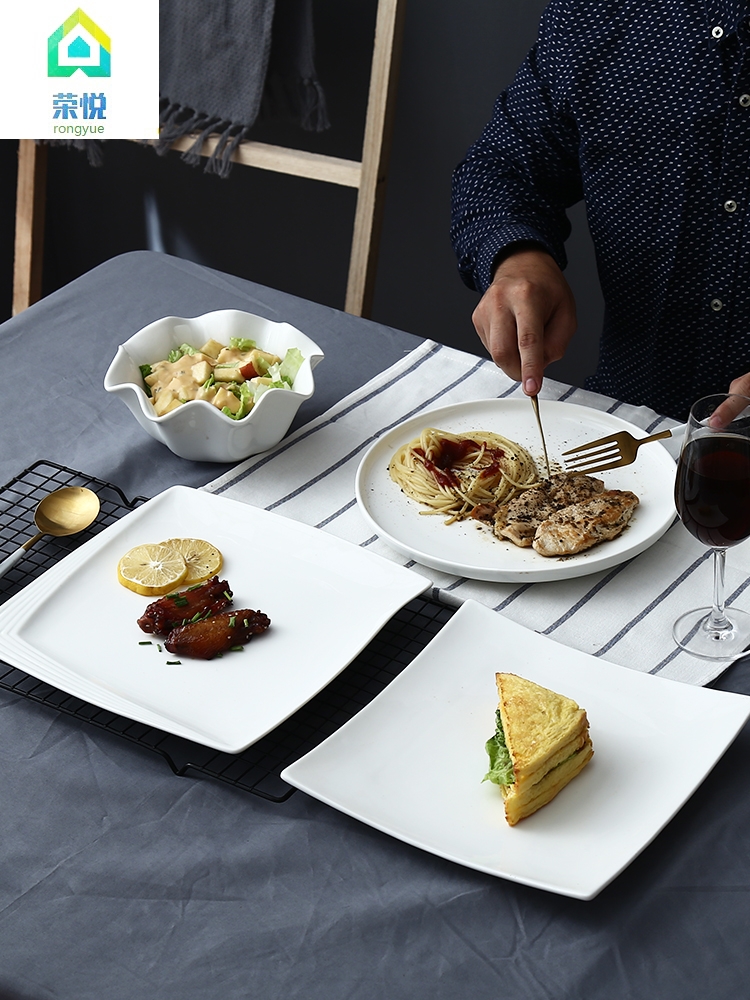Creative western food dish white steak household food dish square plate flat ceramic flat plate western - style tableware