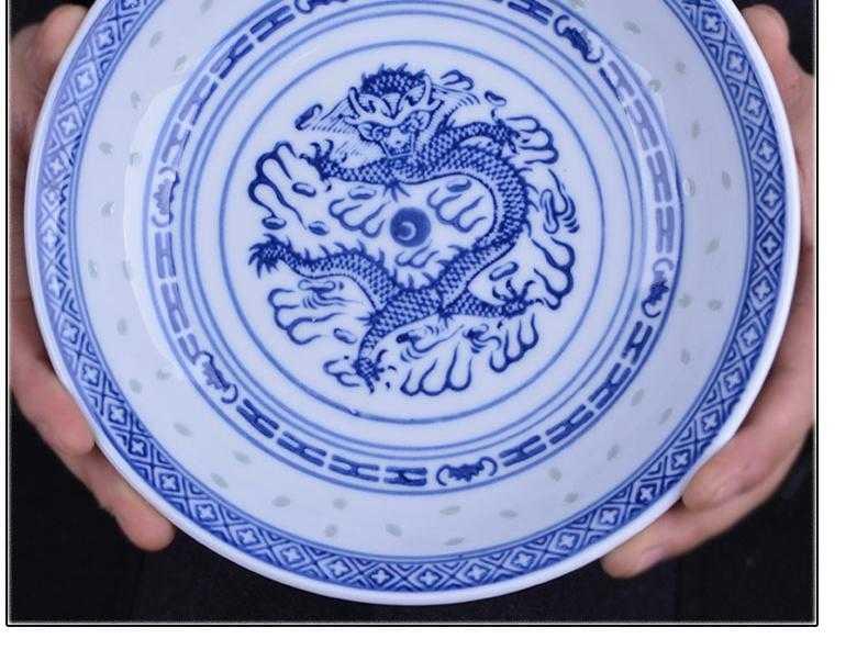 Jingdezhen ceramic traditional nostalgic see colour porcelain dish plate under glaze blue and white household soup thick Chinese style restoring ancient ways plate panlong lines